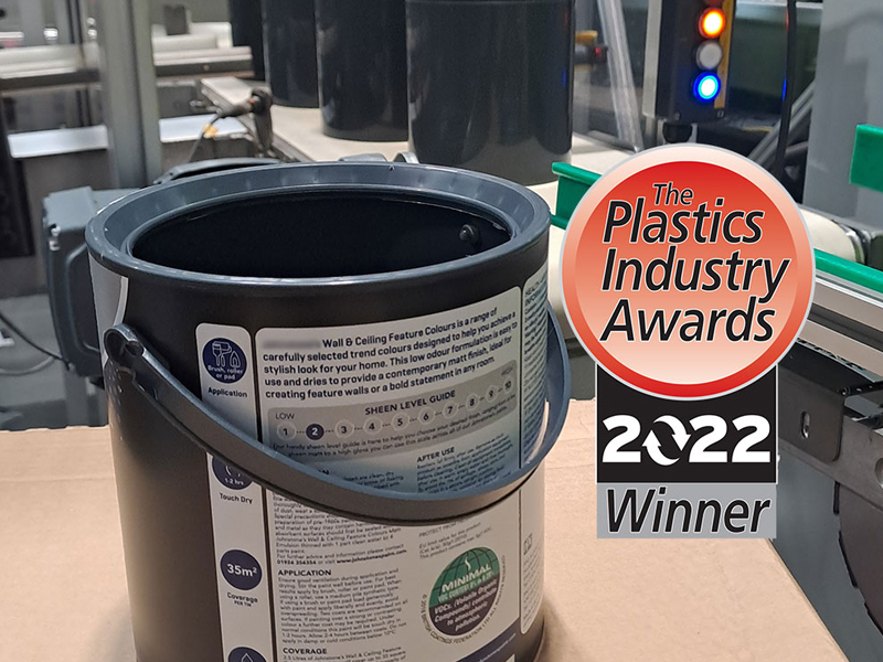 Award winning plastic paint container with PCR content